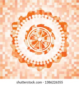 orange icon inside abstract emblem, orange mosaic background