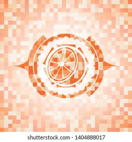 orange icon inside abstract emblem, orange mosaic background