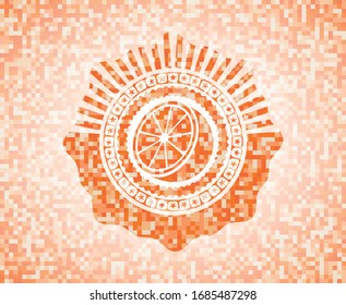 icono naranja dentro del emblema abstracto, fondo de mosaico naranja