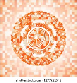 orange icon inside abstract orange mosaic emblem