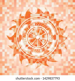 orange icon inside abstract orange mosaic emblem