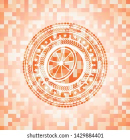 orange icon inside abstract orange mosaic emblem with background