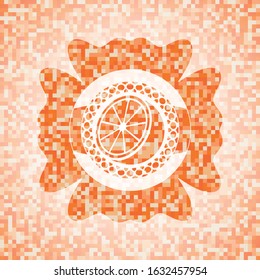 orange icon inside abstract orange mosaic emblem with background