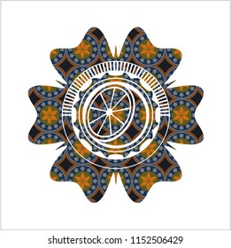 orange icon inside arabesque badge background. arabic decoration.