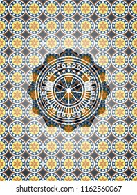 orange icon inside arabesque badge. arabic decoration.