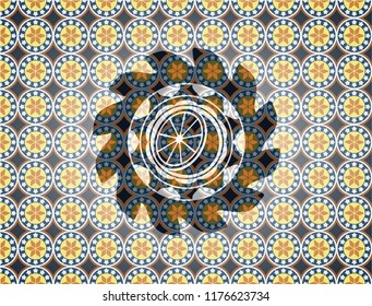 orange icon inside arabesque badge. arabic decoration.