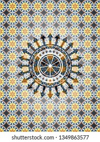 orange icon inside arabesque badge background. arabic decoration.