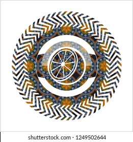 orange icon inside arabesque emblem background. arabic decoration.