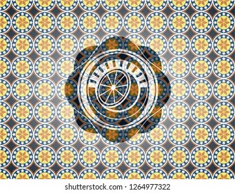 orange icon inside arabesque emblem background. arabic decoration.