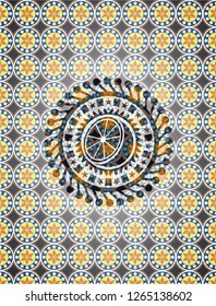 orange icon inside arabic badge background. Arabesque decoration.