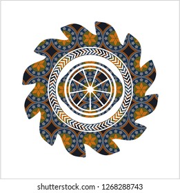 orange icon inside arabic badge background. Arabesque decoration.