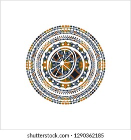 orange icon inside arabic badge. Arabesque decoration.