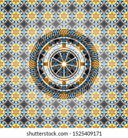orange icon inside arabic badge. Arabesque decoration.