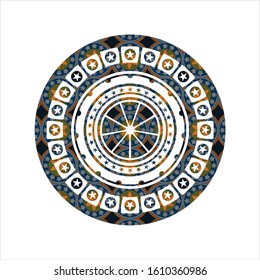 orange icon inside arabic badge. Arabesque decoration.