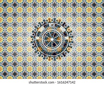 orange icon inside arabic badge background. Arabesque decoration.