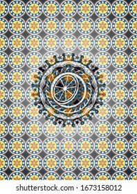 orange icon inside arabic badge background. Arabesque decoration.