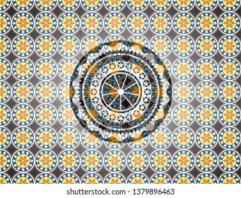 orange icon inside arabic emblem. Arabesque decoration.