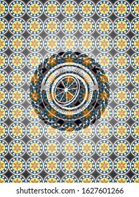 orange icon inside arabic emblem background. Arabesque decoration.