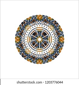 orange icon inside arabic style badge. Arabesque decoration.