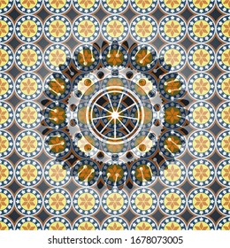 orange icon inside arabic style emblem. Arabesque decoration.