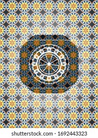 orange icon inside arabic style badge. Arabesque decoration.