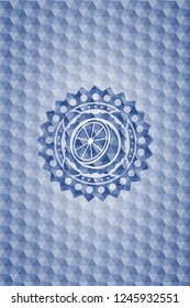 orange icon inside blue badge with geometric background.