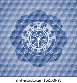 orange icon inside blue emblem with geometric pattern background.