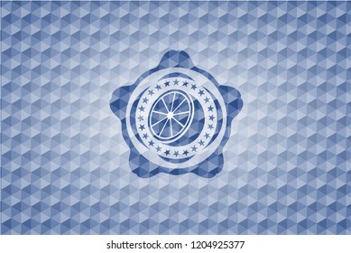 orange icon inside blue emblem with geometric pattern background.
