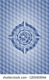 orange icon inside blue emblem with geometric background.