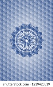 orange icon inside blue emblem with geometric pattern.