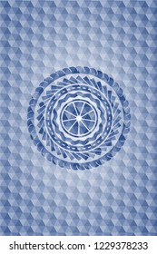 orange icon inside blue emblem or badge with abstract geometric polygonal pattern background.