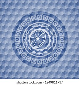 orange icon inside blue emblem or badge with abstract geometric polygonal pattern background.