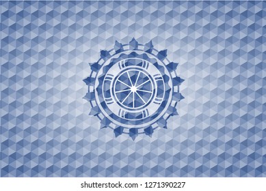 orange icon inside blue emblem with geometric background.
