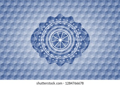 orange icon inside blue emblem with geometric pattern.