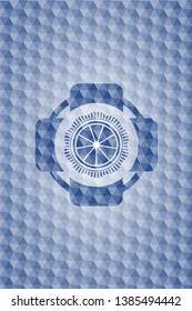 orange icon inside blue emblem or badge with abstract geometric polygonal pattern background.