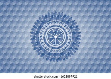 orange icon inside blue emblem with geometric pattern background.