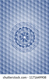 orange icon inside blue hexagon emblem.