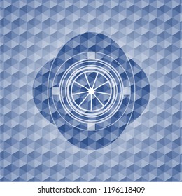 orange icon inside blue polygonal emblem.