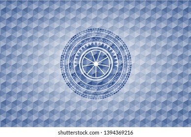 orange icon inside blue polygonal badge.