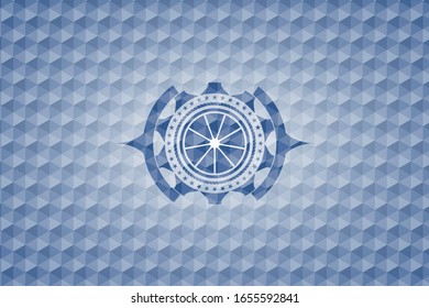 orange icon inside blue polygonal emblem.