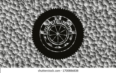 orange icon inside dark badge with grey bubbles background. Vector Illustration. Detailed.