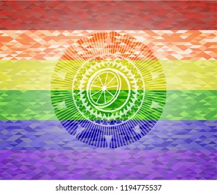 orange icon inside emblem on mosaic background with the colors of the LGBT flag