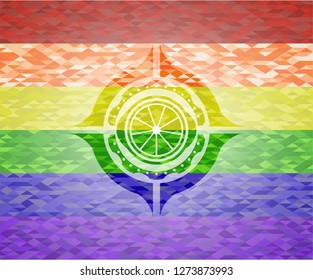 orange icon inside emblem on mosaic background with the colors of the LGBT flag