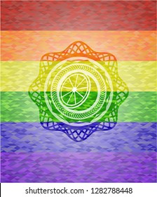 orange icon inside emblem on mosaic background with the colors of the LGBT flag