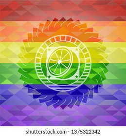 orange icon inside emblem on mosaic background with the colors of the LGBT flag
