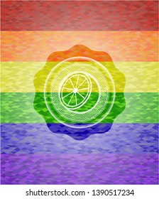 orange icon inside emblem on mosaic background with the colors of the LGBT flag