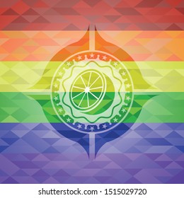 orange icon inside emblem on mosaic background with the colors of the LGBT flag