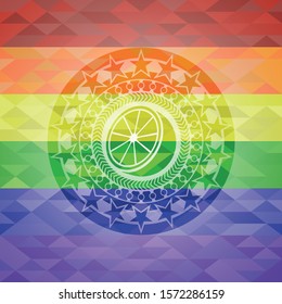 orange icon inside emblem on mosaic background with the colors of the LGBT flag
