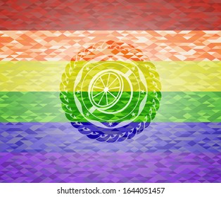 orange icon inside emblem on mosaic background with the colors of the LGBT flag