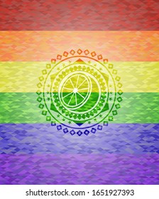 orange icon inside emblem on mosaic background with the colors of the LGBT flag